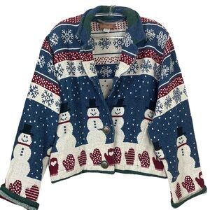Painted Pony Winter Snowman Mitten Cropped Tapestry Jacket Blue Red One Size OS